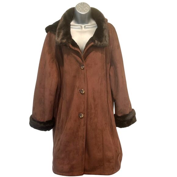 Gallery XL Ladies Faux Leather & Suede Button Down & Hooded Mid Length Coat - Picture 1 of 16